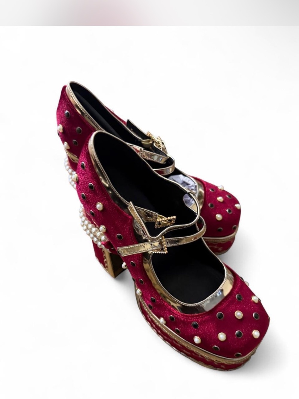 Elegant Red Pearl-Embellished Mary Jane Heels